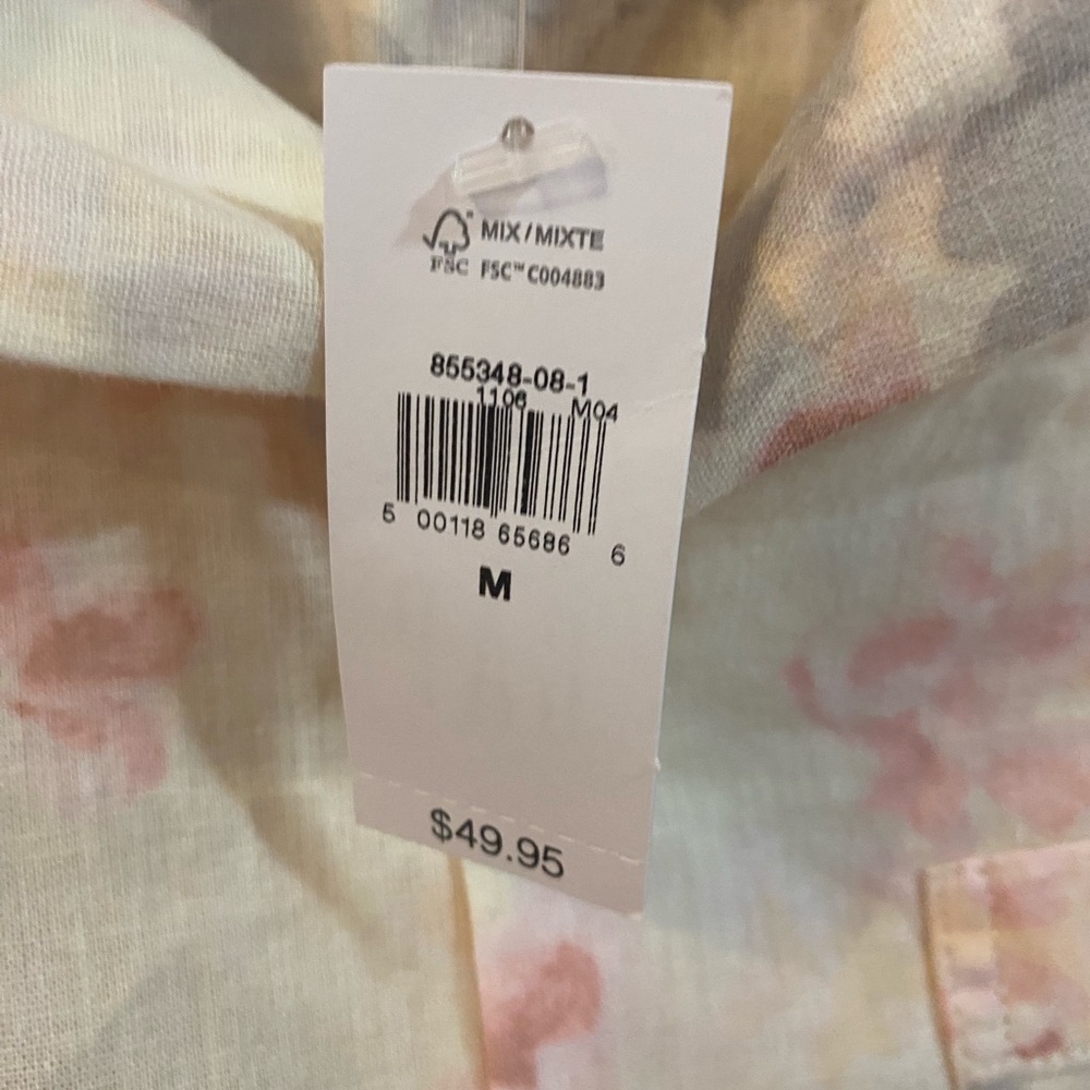 GAP Casual Button Down Shirt Cream and Pink Floral Camp Collar Linen - Picture 3 of 4